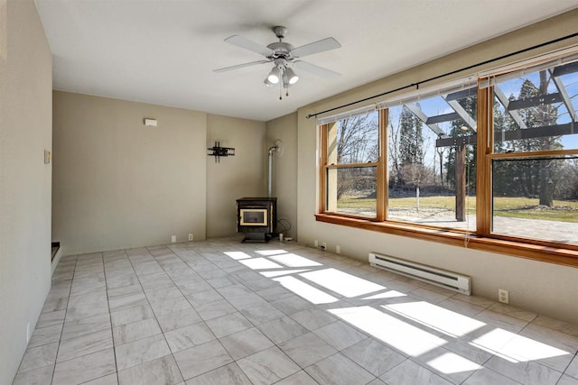 1545 County Rd I, Oshkosh, WI 54902 - empty room featuring a wood stove, a baseboard heating unit, and a ceiling fan