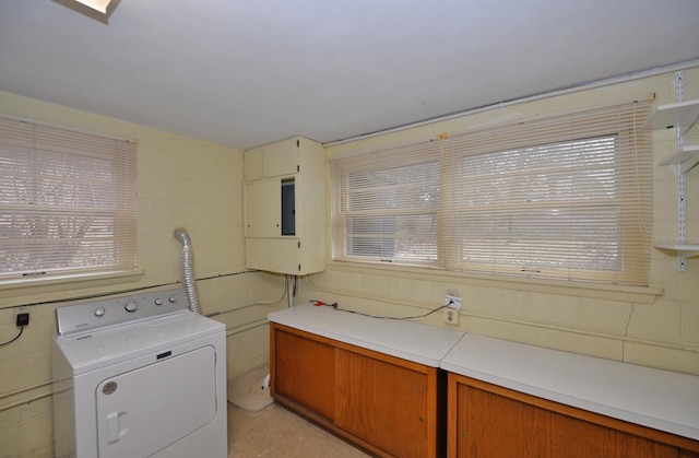 laundry area featuring washer / clothes dryer, electric panel, and concrete block wall