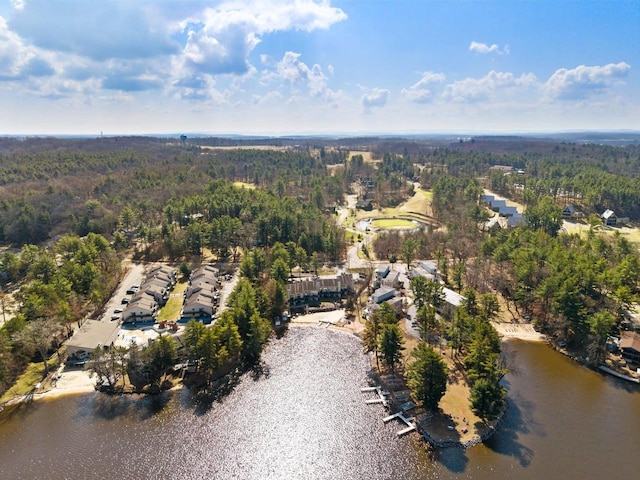 aerial view featuring a forest view and a water view