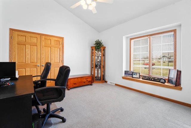 1495 Cattail Ln, Fond Du Lac, WI 54937 - carpeted office featuring visible vents, ceiling fan, vaulted ceiling, and baseboards