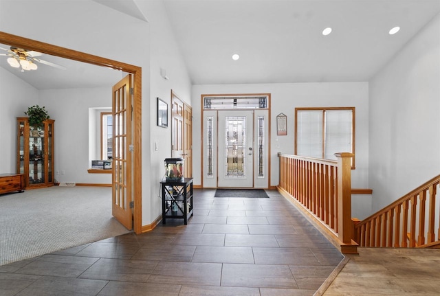 1495 Cattail Ln, Fond Du Lac, WI 54937 - foyer with baseboards, a ceiling fan, recessed lighting, vaulted ceiling, and carpet flooring