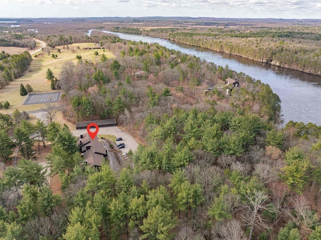 birds eye view of property with a view of trees and a water view