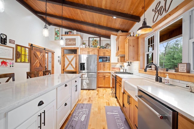 1979 9th Ave, Friendship, WI 53934 - kitchen featuring wooden ceiling, stainless steel appliances, beamed ceiling, light wood finished floors, and a sink