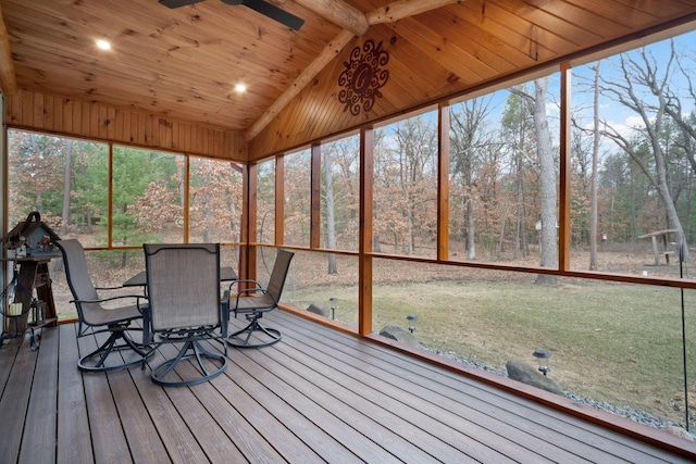 1979 9th Ave, Friendship, WI 53934 - sunroom featuring a ceiling fan, outdoor dining space, and beam ceiling