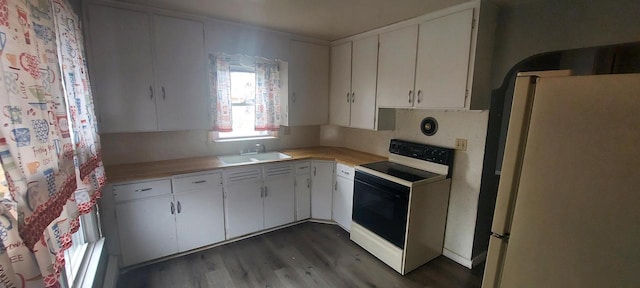 140 E Ave, Iron Ridge, WI 53035 - kitchen with light countertops, freestanding refrigerator, electric range, a sink, and wood finished floors
