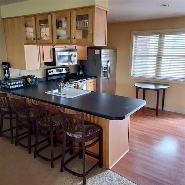2856 29th Ave Unit 110, Birchwood, WI 54817 - kitchen featuring glass insert cabinets, a sink, dark countertops, a peninsula, and stainless steel appliances
