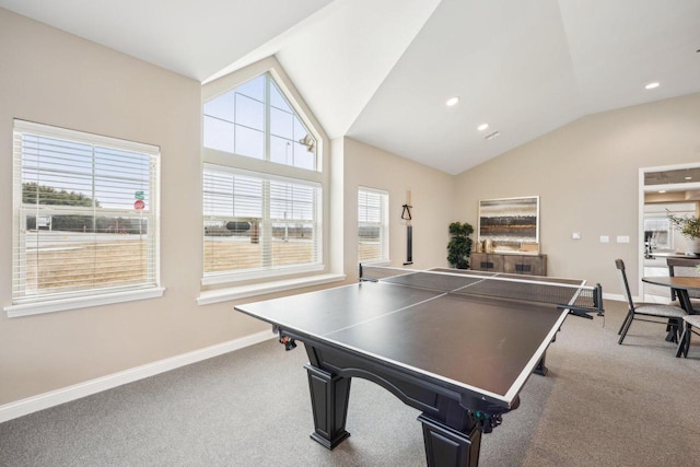 recreation room featuring baseboards, carpet, lofted ceiling, and recessed lighting