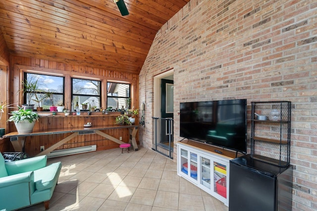 tiled living area featuring wood ceiling, brick wall, high vaulted ceiling, and wooden walls