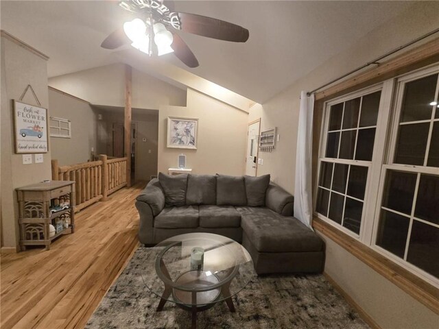 E8577 N County Rd, Elk Mound, WI 54739 - living room featuring ceiling fan, wood finished floors, and lofted ceiling