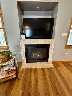 1330 Harvest Cir, Holmen, WI 54636 - detailed view of a tile fireplace, wood finished floors, and baseboards