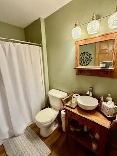 1330 Harvest Cir, Holmen, WI 54636 - full bathroom with wood finished floors, vanity, toilet, and a shower with shower curtain