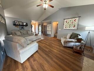 1330 Harvest Cir, Holmen, WI 54636 - living area featuring ceiling fan, lofted ceiling, and wood finished floors