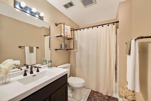 full bathroom featuring toilet, tile patterned floors, visible vents, and vanity