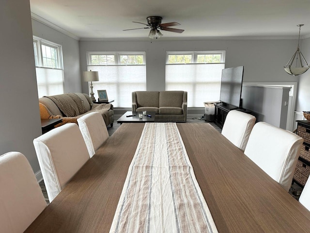 dining space with a ceiling fan and crown molding