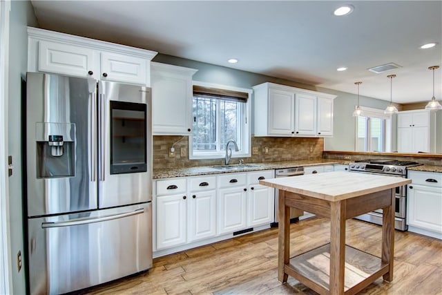 kitchen featuring a sink, tasteful backsplash, white cabinets, and stainless steel appliances