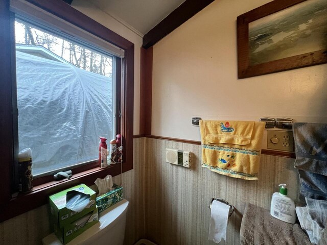 1487 Gunlock Shores Ln, Minocqua, WI 54548 - bathroom with lofted ceiling, toilet, and wainscoting
