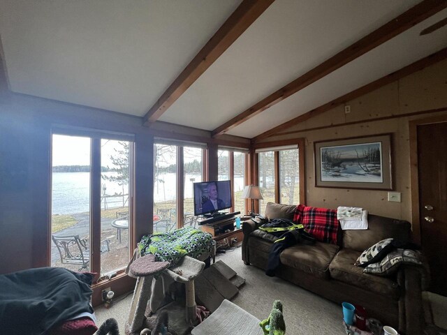 1487 Gunlock Shores Ln, Minocqua, WI 54548 - living room with carpet flooring and lofted ceiling with beams