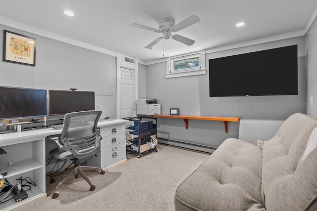 office featuring a baseboard heating unit, recessed lighting, visible vents, ceiling fan, and light colored carpet
