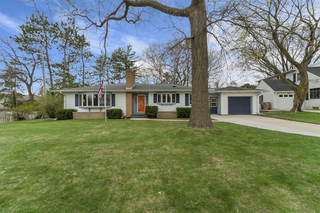 ranch-style home with a chimney, a front lawn, driveway, and an attached garage