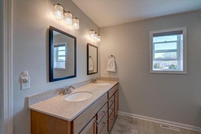 4062 Red Hawk Run, Black Earth, WI 53515 - bathroom featuring a sink, visible vents, baseboards, and double vanity