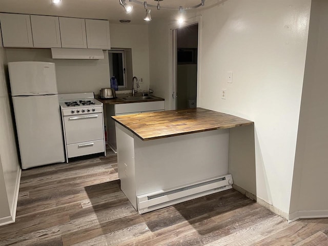 1015 E Johnson St, Madison, WI 53703 - kitchen with baseboard heating, white appliances, wooden counters, a sink, and wood finished floors