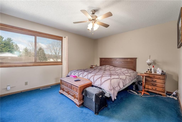 bedroom featuring visible vents, ceiling fan, a textured ceiling, and carpet floors