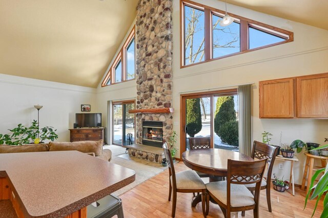29323 Riverview Ln, Waterford, WI 53185 - dining space featuring light wood finished floors, high vaulted ceiling, and a stone fireplace