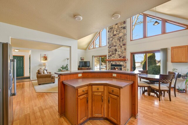 29323 Riverview Ln, Waterford, WI 53185 - kitchen featuring high vaulted ceiling, stainless steel refrigerator with ice dispenser, open floor plan, and a fireplace