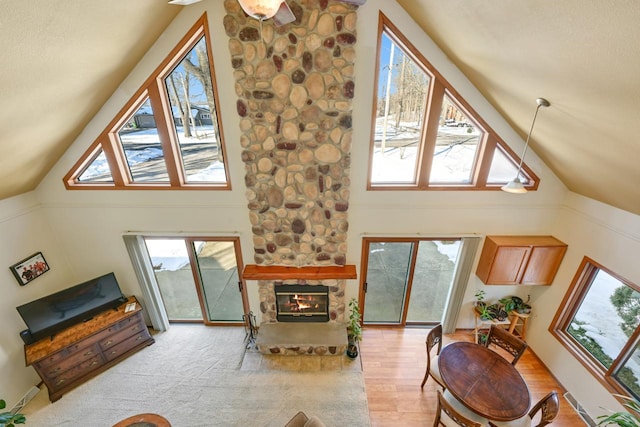 29323 Riverview Ln, Waterford, WI 53185 - living area featuring a stone fireplace, high vaulted ceiling, plenty of natural light, and wood finished floors
