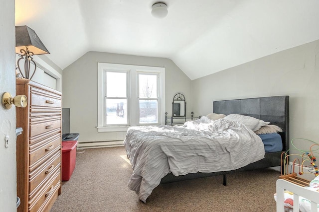 carpeted bedroom featuring a baseboard radiator and vaulted ceiling