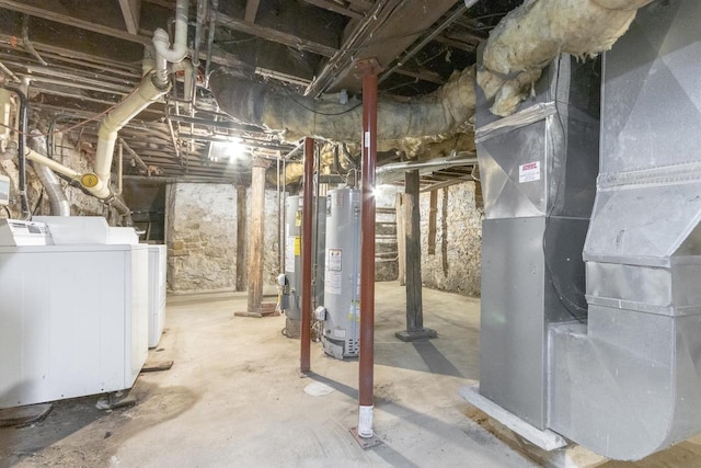 unfinished below grade area with water heater, washing machine and clothes dryer, and heating unit