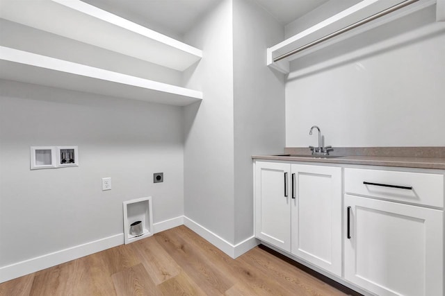 1377 Shelby Ln, De Pere, WI 54115 - laundry room featuring baseboards, light wood-type flooring, electric dryer hookup, washer hookup, and a sink