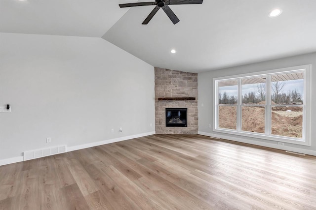 1377 Shelby Ln, De Pere, WI 54115 - unfurnished living room featuring visible vents, a ceiling fan, recessed lighting, and lofted ceiling
