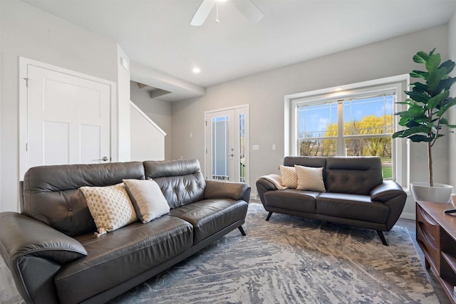 living room with ceiling fan and recessed lighting
