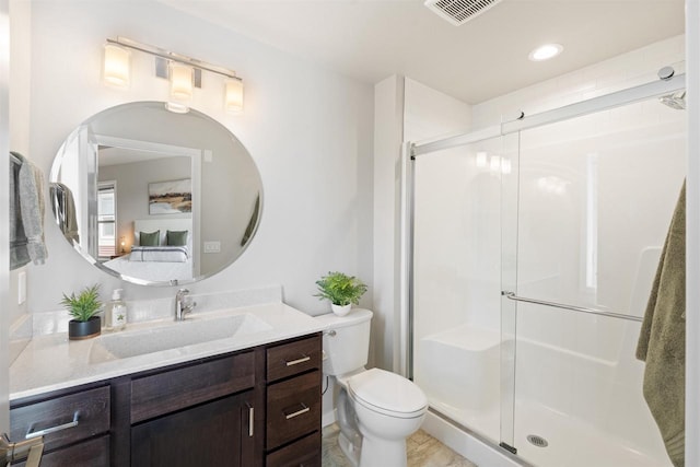 full bath featuring recessed lighting, vanity, toilet, a stall shower, and visible vents