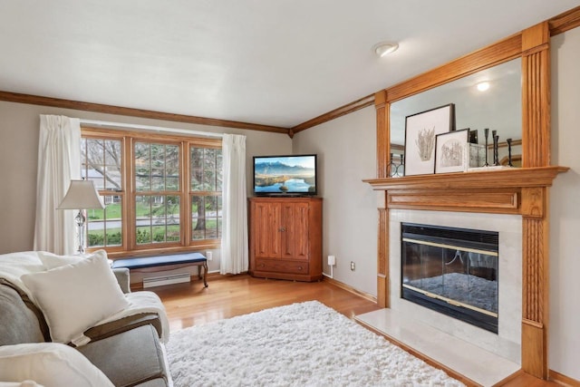 living room featuring a fireplace with flush hearth, a baseboard radiator, crown molding, and light wood finished floors
