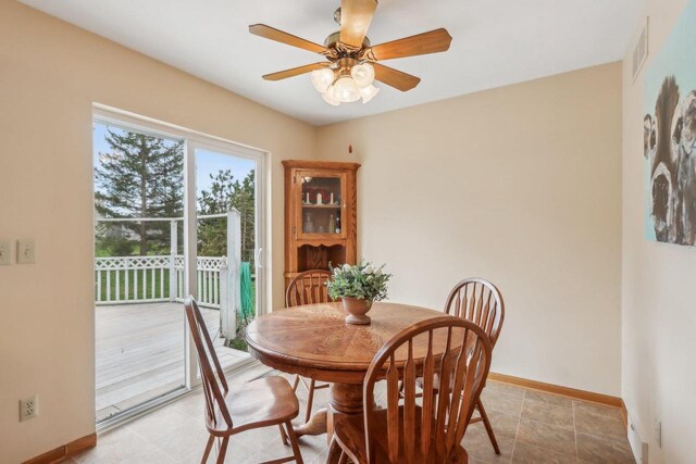 dining room featuring visible vents, a ceiling fan, and baseboards