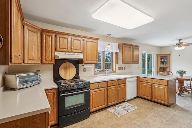 kitchen featuring a sink, under cabinet range hood, a peninsula, dishwasher, and electric range