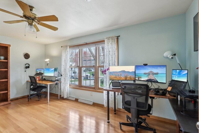 home office featuring wood finished floors, a ceiling fan, visible vents, and baseboards