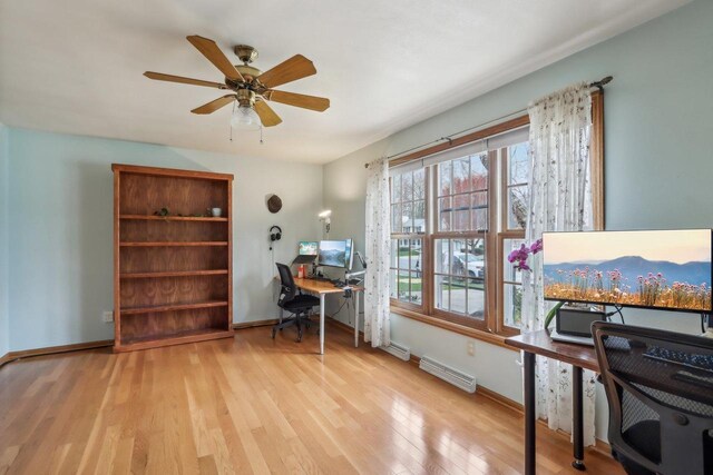 office area with wood finished floors, a ceiling fan, baseboard heating, and baseboards