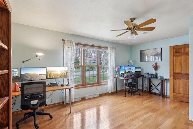 home office featuring baseboards, visible vents, wood finished floors, and a ceiling fan