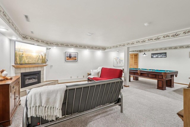 bedroom with a fireplace, billiards, visible vents, carpet, and baseboards
