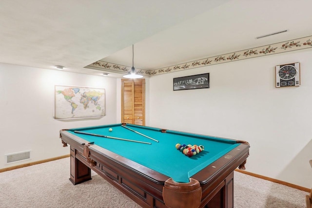 rec room featuring visible vents, carpet, and baseboards