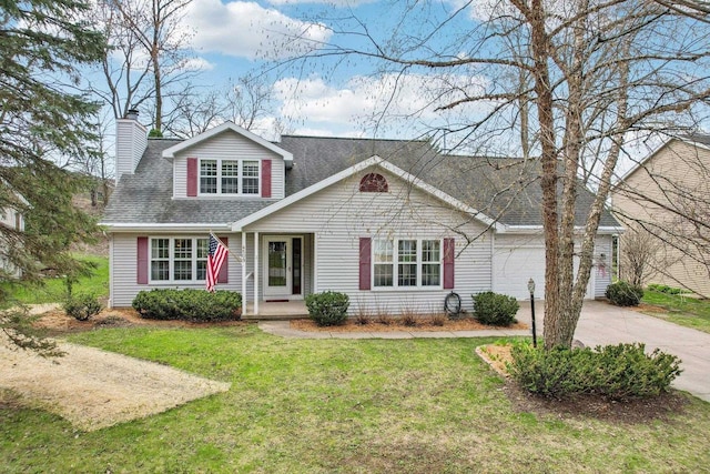 view of front of property with a chimney, a shingled roof, a garage, a front lawn, and concrete driveway