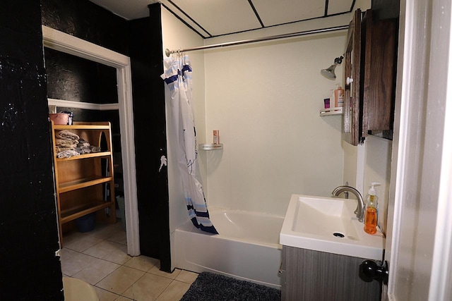 bathroom with tile patterned floors, vanity, and shower / bath combination with curtain