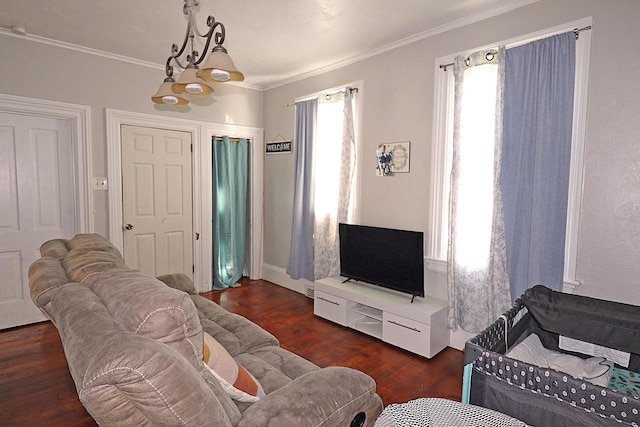 living room featuring crown molding, wood finished floors, and a healthy amount of sunlight