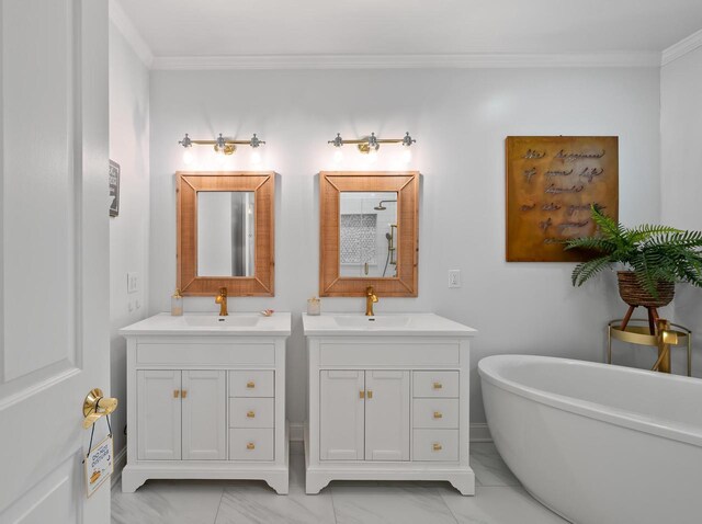 1066 Edinborough Ct, Lake Geneva, WI 53147 - bathroom featuring a sink, two vanities, a soaking tub, and crown molding