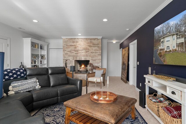1066 Edinborough Ct, Lake Geneva, WI 53147 - living area with recessed lighting, a fireplace, light colored carpet, and crown molding