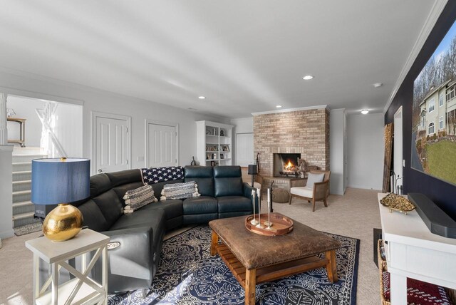 1066 Edinborough Ct, Lake Geneva, WI 53147 - living room with recessed lighting, a fireplace, carpet flooring, crown molding, and stairs