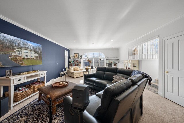 1066 Edinborough Ct, Lake Geneva, WI 53147 - living room featuring crown molding, carpet floors, baseboards, and recessed lighting